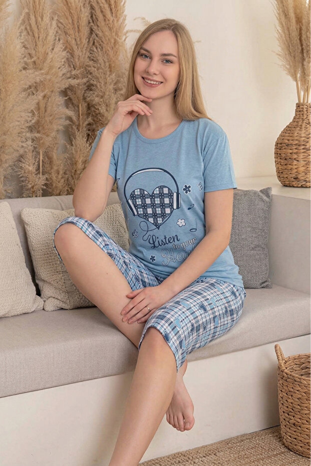 Cotton Patterned Short Sleeve Bermuda Capri Pajama Set