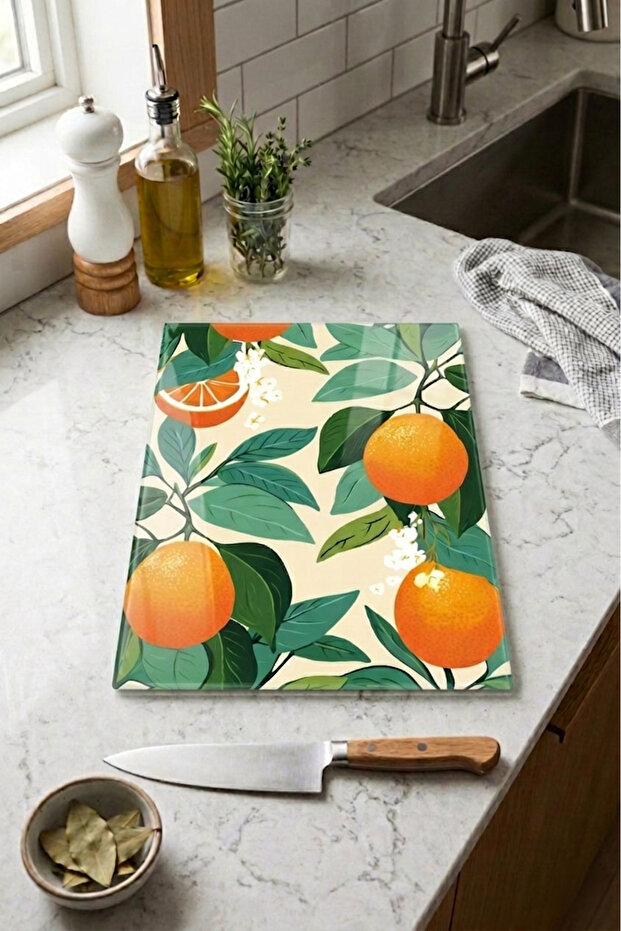 Glass Cutting Board with Non-Slip Base, Orange Themed