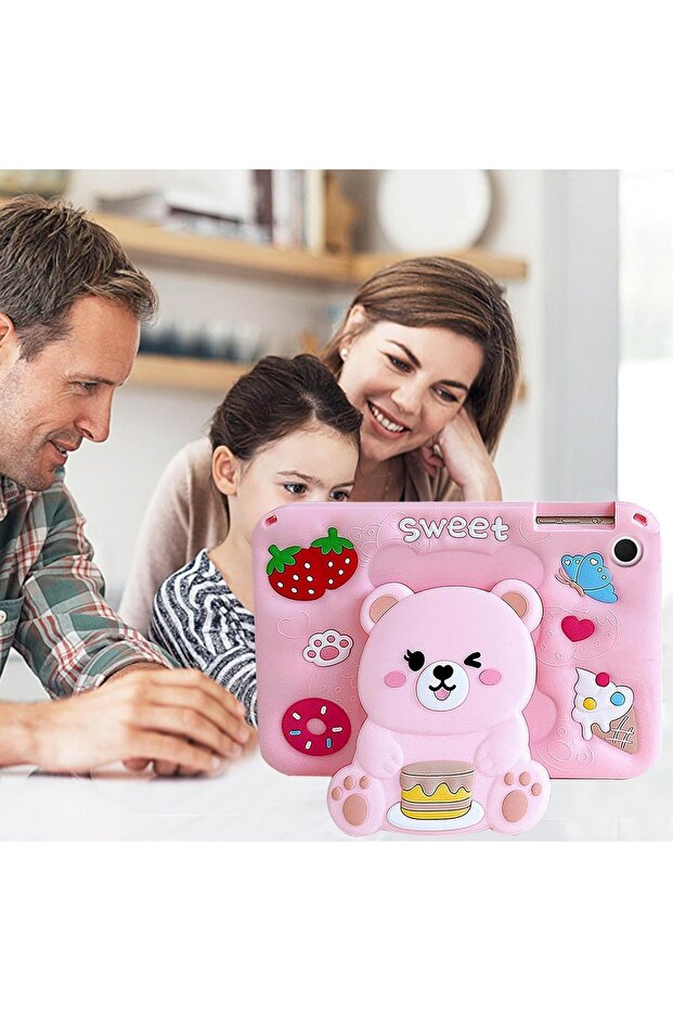 iPad 7 / 8 / 9. Generation 10.2 Compatible 3D Teddy Bear Patterned Silicone Case with Strap Protective Case - 2