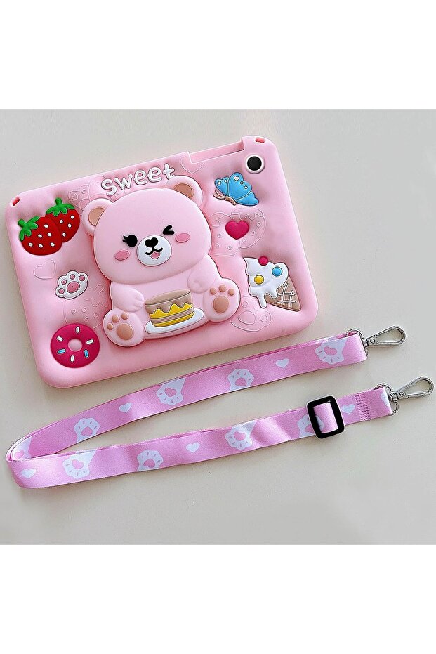 iPad 7 / 8 / 9. Generation 10.2 Compatible 3D Teddy Bear Patterned Silicone Case with Strap Protective Case - 6