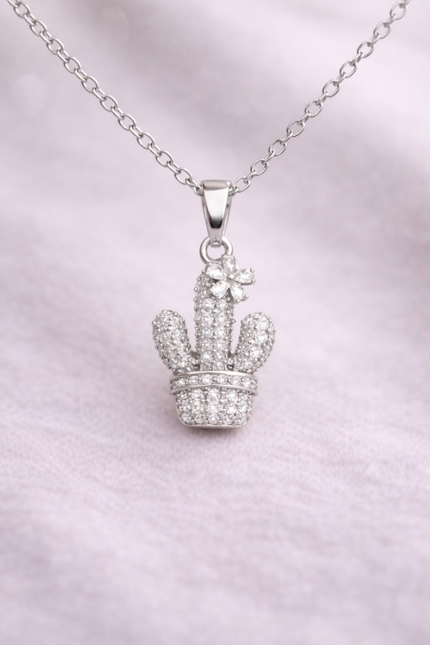 Stylish Necklace with Cactus Figure and Shiny Stones in Silver Color