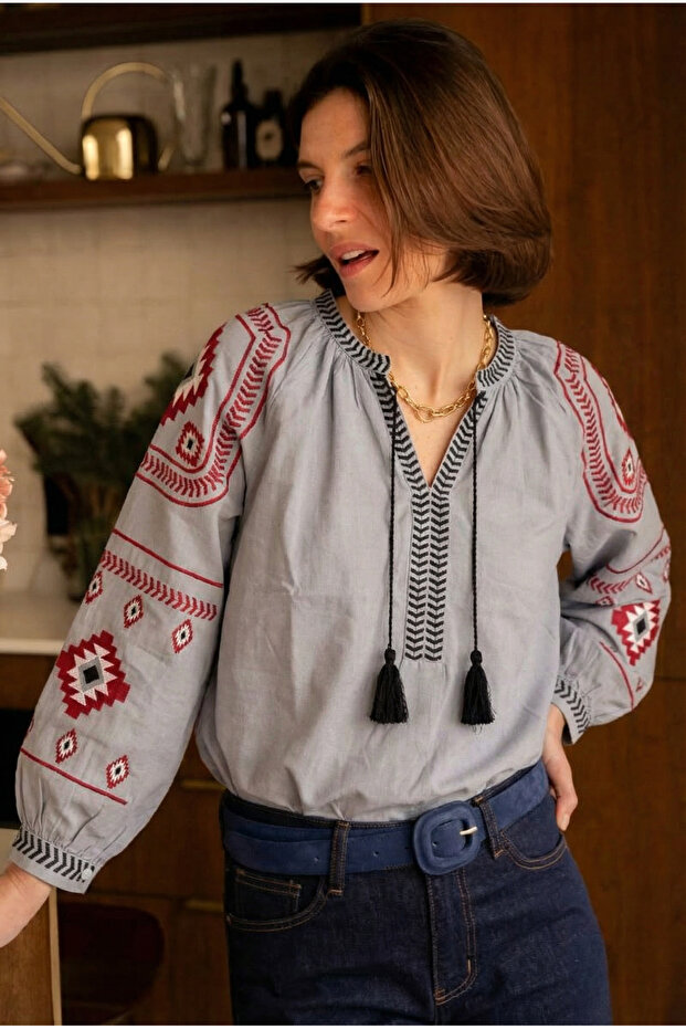 Women's Gray Tassel Collar Embroidered Cotton Blouse