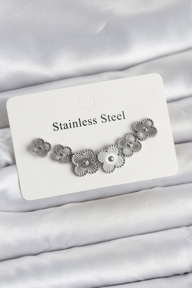 316L Steel Silver Color Clover Earring Set -