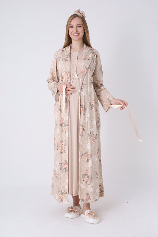 Maternity Nightgown and Robe Set – Maternity Set, Striped Robe and Cotton Nightgown