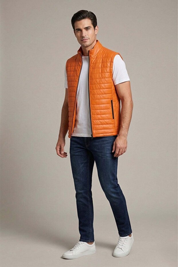 Orange Stand Collar Zippered Quilted Genuine Leather Puffer Vest
