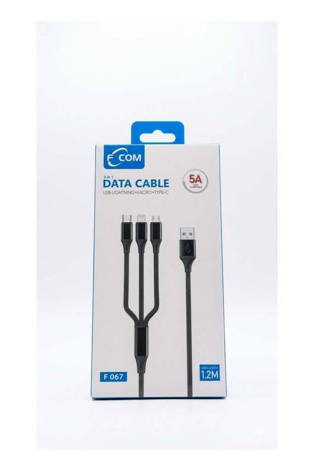F-COM 3-in-1 Fast Charging Data Cable - USB to Type-C, Micro USB, & Lightning (1.2m)