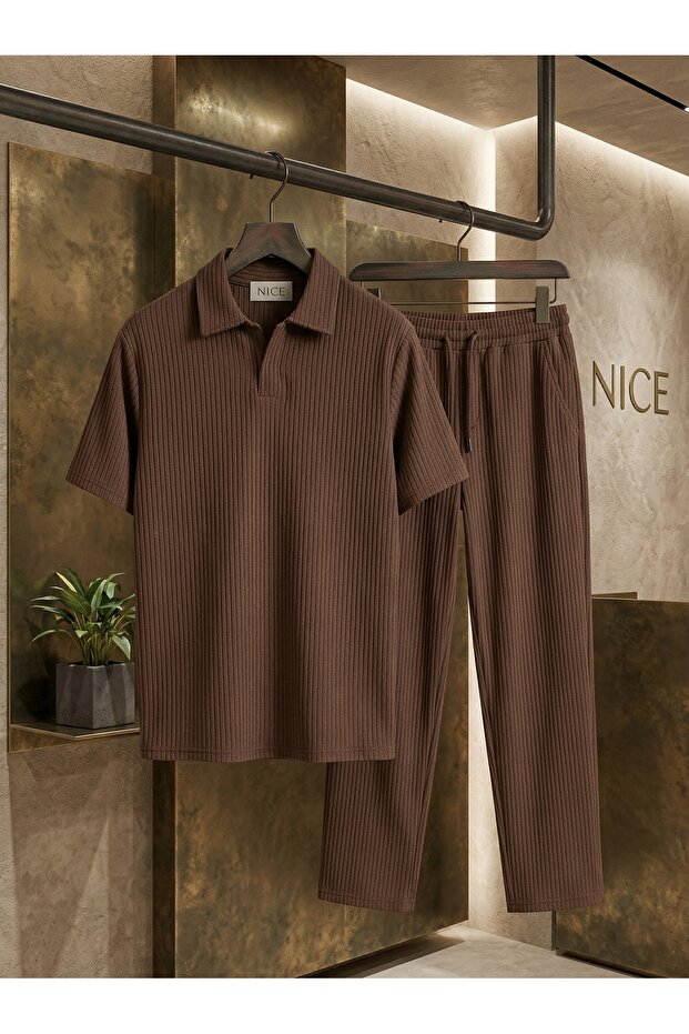 Brown Men's Ottoman Comfortable Fabric Summer Top and Bottom Set - Baggy Wide Leg