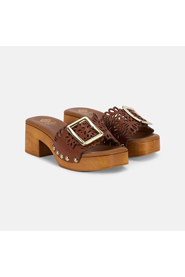 Women's Tan Leather Slippers with Metal Buckle Detail and Thick Heel
