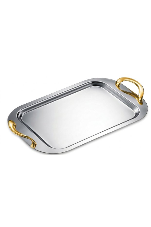 Duru Sade Gold Handled Tea and Presentation Tray Premium 304 Stainless Steel 18/10 Cr-Ni Perfect Shine
