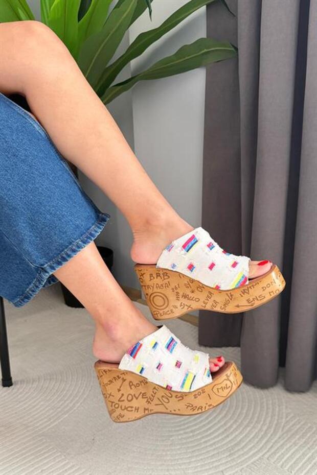 Women's Lady White Denim 10 cm Padded Written Cork Sole Slipper K-401