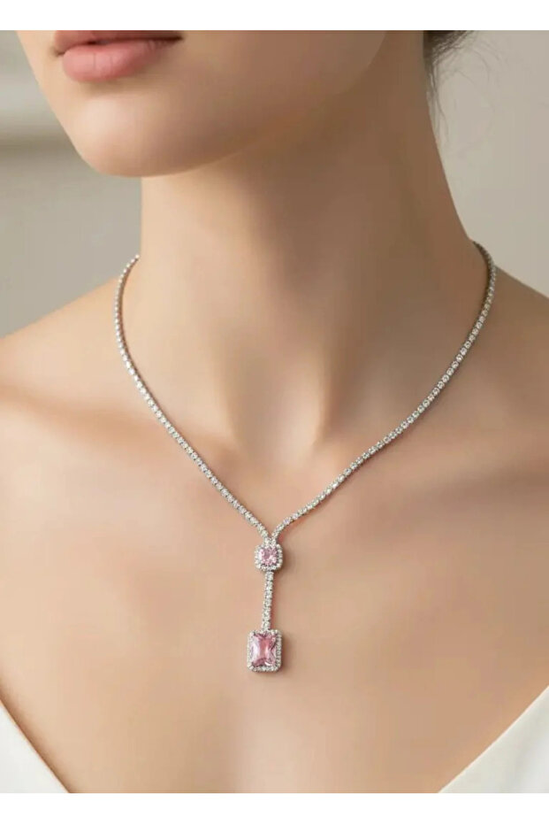 Completely Stone-Engraved Waterway Pink Baguette Stone Necklace
