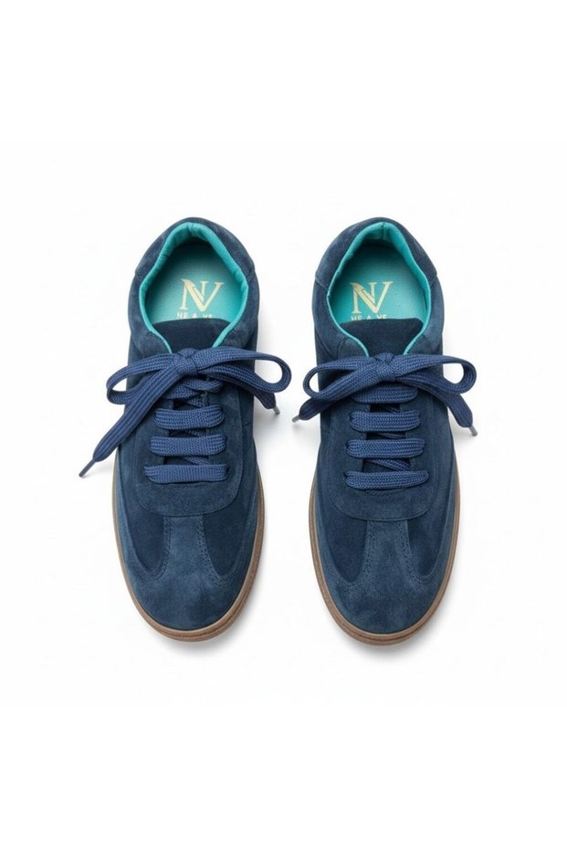 Navy Blue Suede Genuine Leather Lace-Up Women's Casual Sneaker