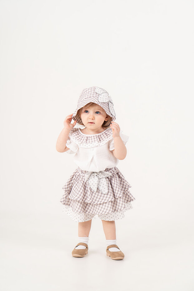 Baby Girl Plaid Patterned Skirt Lookalike Shorts Set with Hat as a Gift