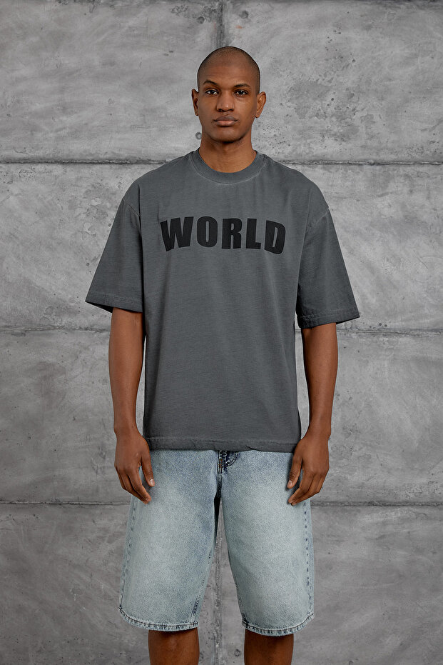Men's T-Shirt World Print Washable Smoked Oversize Printed Crew Neck Cotton