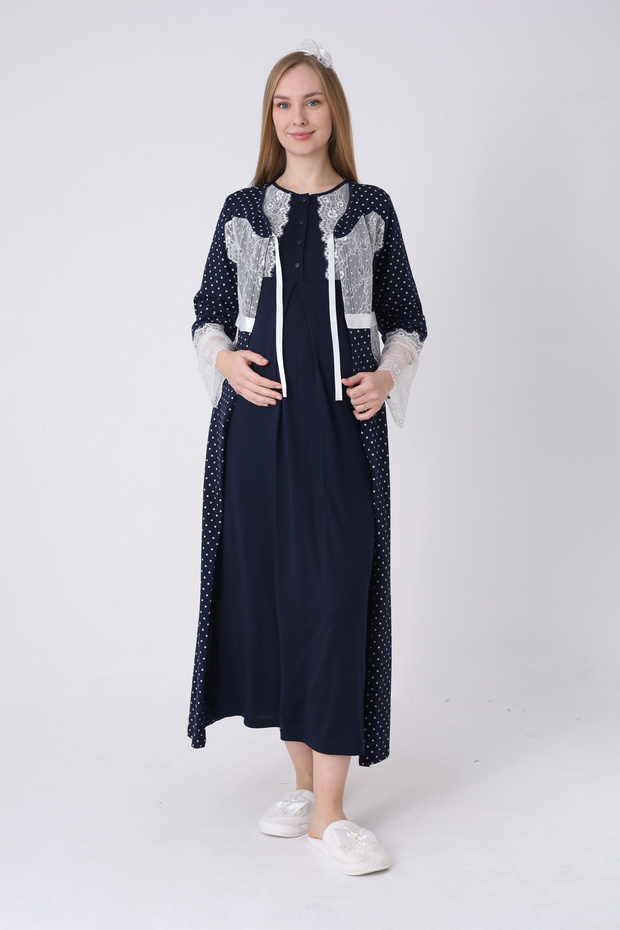 Maternity Nightgown and Dressing Gown Set Polka Dot Lace Sleeves Buttoned Breastfeeding Cotton Viscose Set of 2