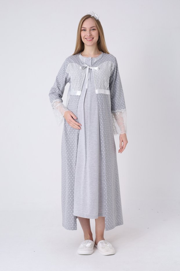 Maternity Nightgown and Dressing Gown Set – Maternity Nightgown Set, Polka Dot Lace Detailed Cotton Viscose