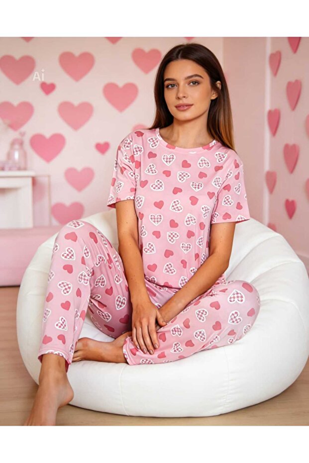Crew Neck Pink Color Heart Pattern Milan Fabric Soft Women's Pajama Set