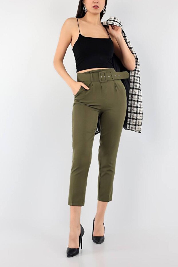 Khaki Belted Atlas Dabıl Fabric Carrot Trousers 100 cm