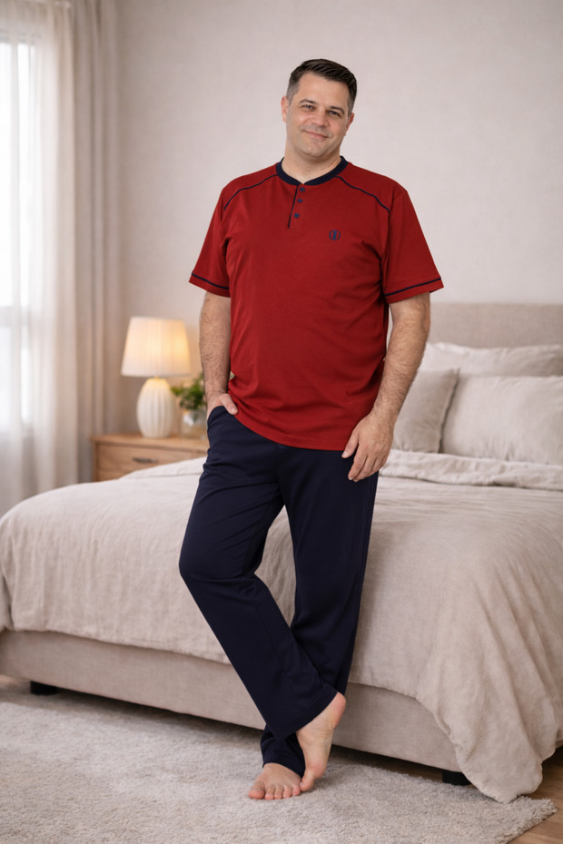 Premium Men's 100% Natural Cotton Ribbed High-Quality Buttoned Short-Sleeved Oversized Pajama Set