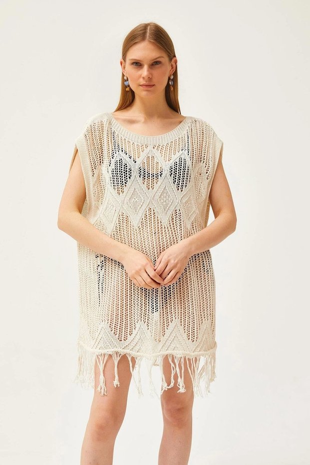 Women's Beige Crew Neck Sleeveless Openwork Knit Tassel Bohemian Short Mini Beach Dress Pareo
