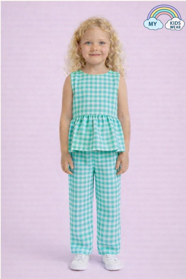 Girl's Gingham Peplum Blouse and Pants Set 12692