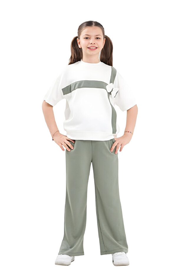 Girl's Garnished and Bow Detailed Top and Bottom Set 7-12 Years 12573