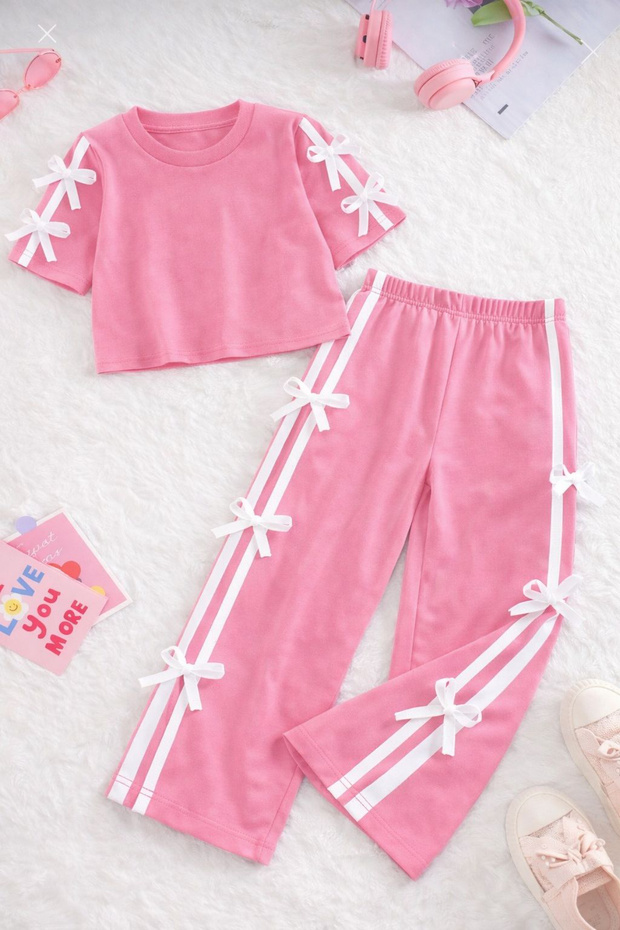 Children's New Bow Crop T-Shirt-Sweatpants Set