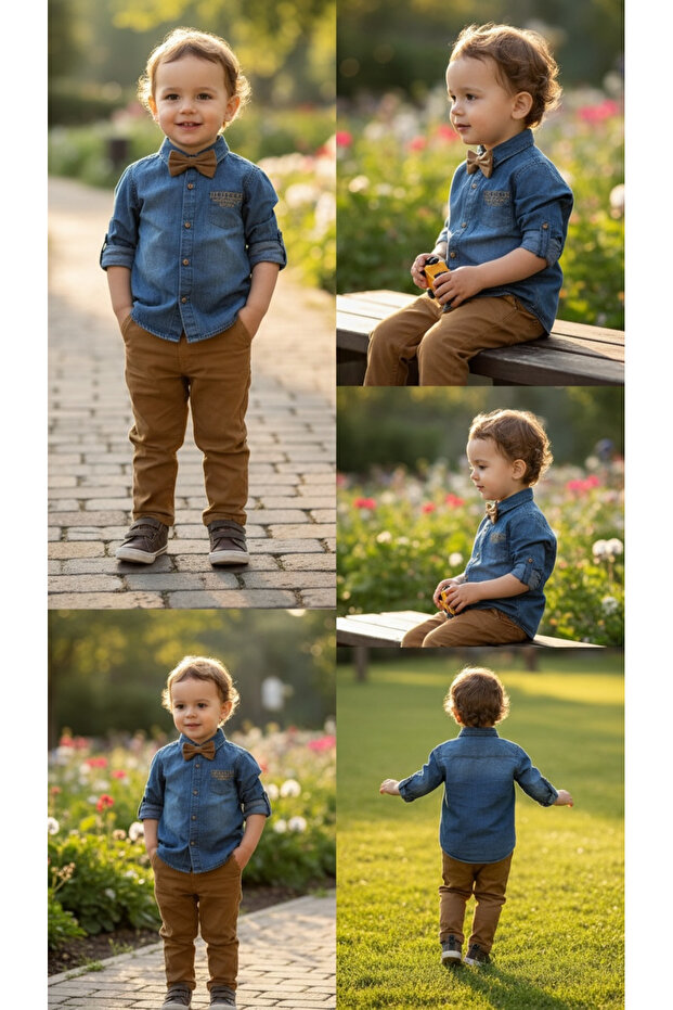 Yavrucak 3667 Baby Boy Bow Tie Denim Shirt Linen Trousers 3-Piece Set 1-2-3-4 Years