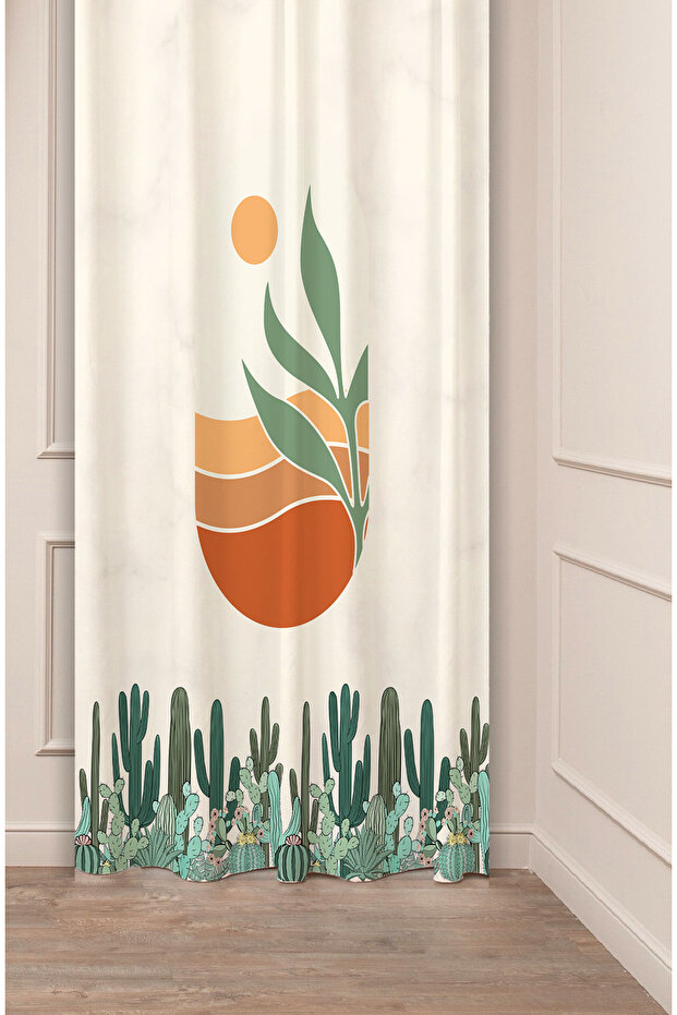 Cactus Desert Mountain Sun Pattern Leaf Marble Patterned Specially Designed Digital Printed Stylish Modern Background Curtain