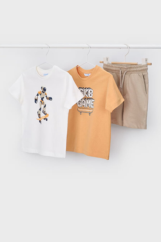 Boys' Robot Themed 3-Piece T-Shirt and Shorts Set - Orange/Ecru/Beige