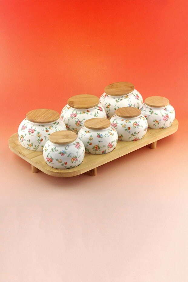 Porcelain Spice Container with Bamboo Stand, Set of 7