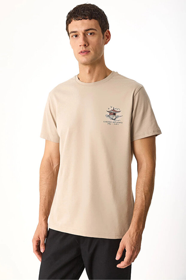 Men's Sakura Printed Crew Neck Regular Fit T-Shirt 100% Cotton - Mink
