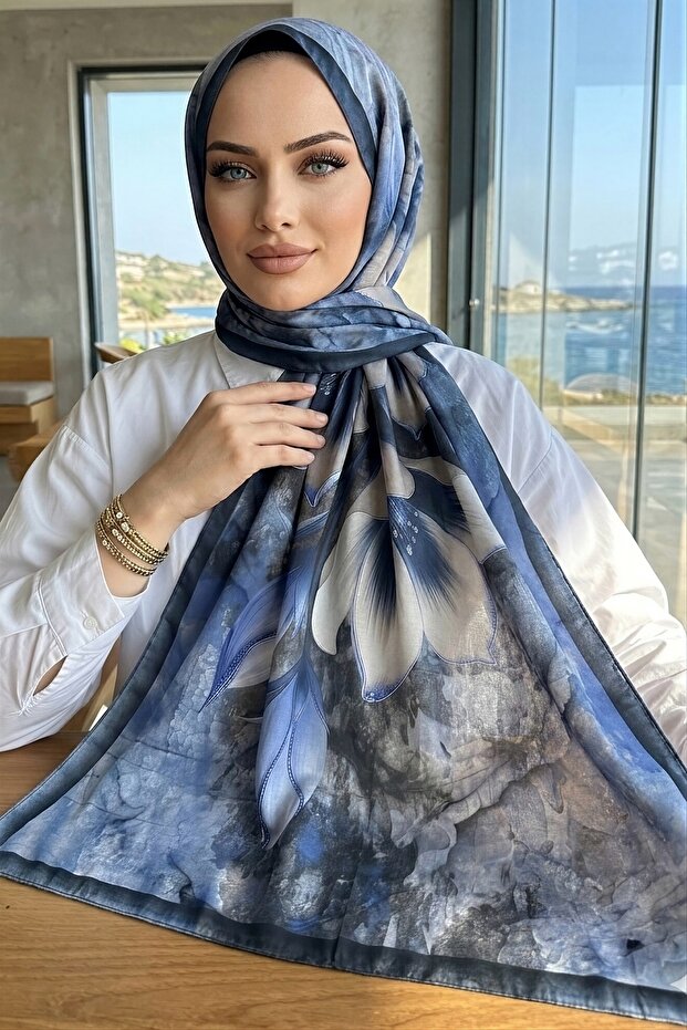 Navy Blue Patterned Soft Shawl