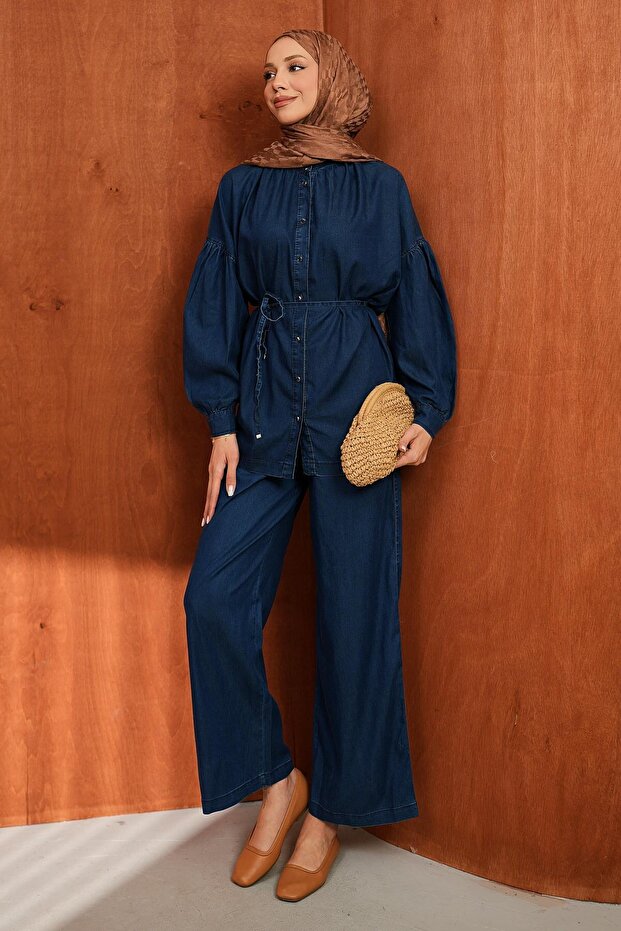 Navy Blue Balloon Sleeve Tunic Tencel Jeans Set with Trousers