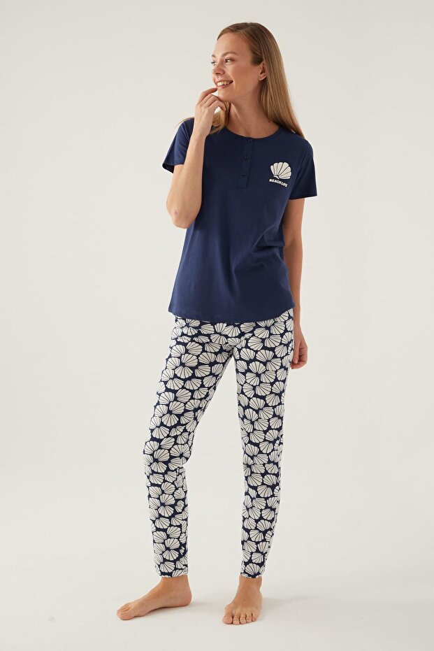 Women's Pajama Set with Buttoned Collar and Pockets, 100% Cotton Pajama Set