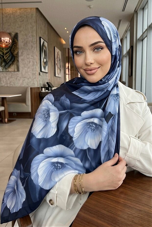 Navy Blue Patterned Soft Shawl - 1