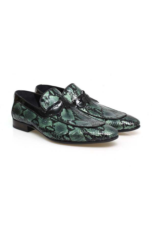 Green Color Laceless Genuine Leather Men's Shoes