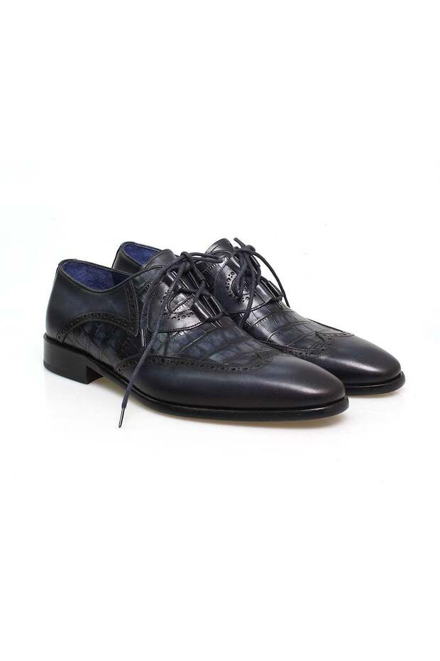 Dark Blue Color Lace-Up Genuine Leather Men's Shoes