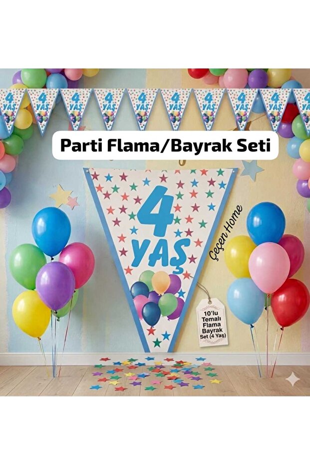 10-Pack Blue 4Th Birthday Banner, Birthday Banner with Stars and Balloon Pattern, Party Banner Flag (22cm X1.5M)