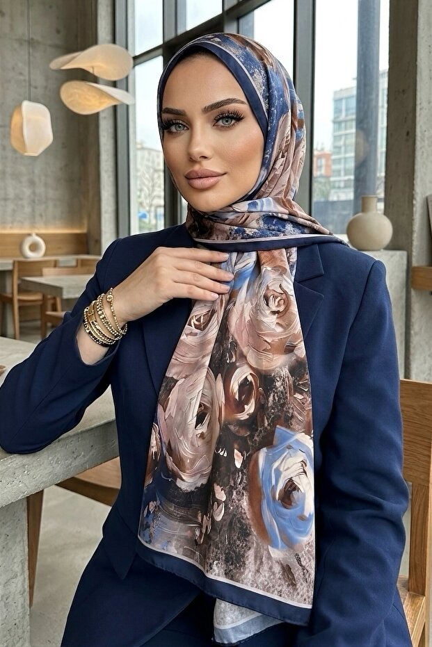 Navy Blue Patterned Soft Shawl