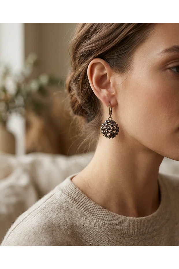 Bronze Earrings Authentic Jewelry Margazite Stone Round Topaz Model Vintage Women's Earrings