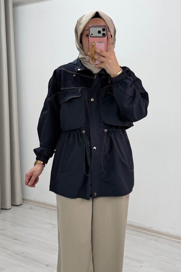 Ecru Tex Denim Fabric Detailed Hooded Jacket with Drawstring Waist
