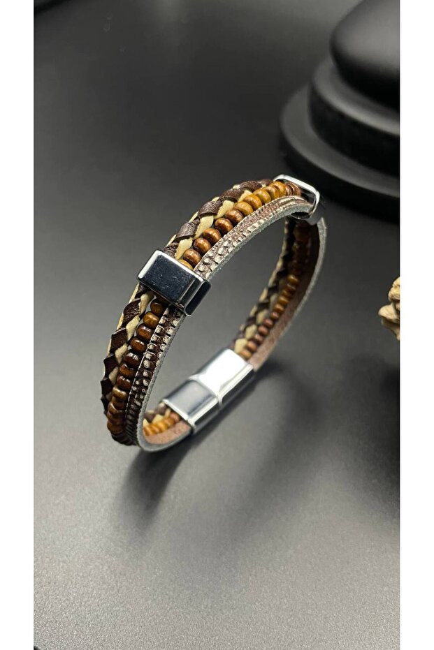 Men's Leather & Wooden Bead Bracelet – Braided Leather, Hematite Detail, Magnetic Closure