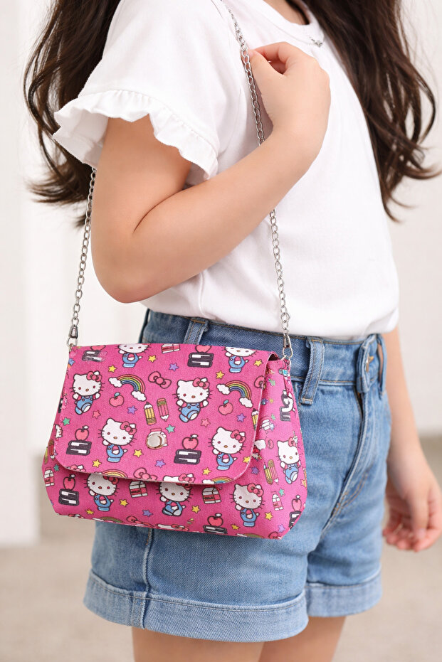 Girl's Pink Patterned Shoulder Bag – Cute Character Printed Mini Bag with Chain Strap