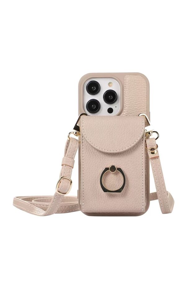 iPhone 11 Cream Color Leather Wallet Case with Card Holder and Neck Strap