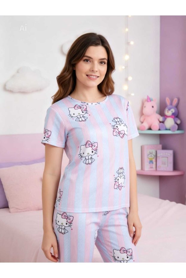 Crew Neck Pink Purple Striped Cute Cat Pattern Long Shorts Women's Pajama Set Summer Fabric