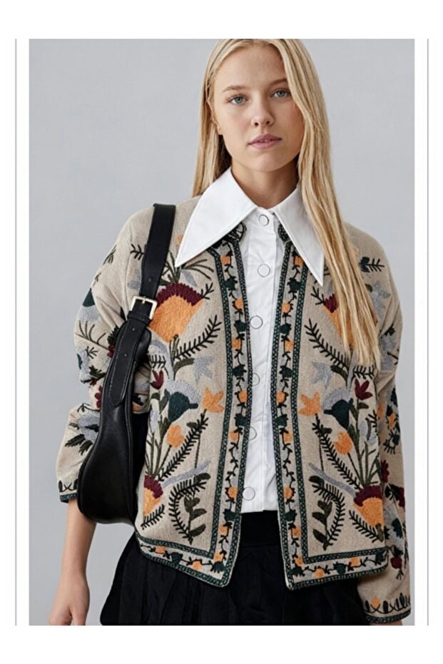Cotton Gabardine Süzene Embroidery Floral Patterned Long Sleeve Jacket