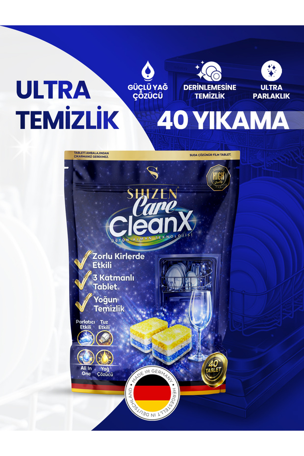 Shizen Kozmetik Shizen Care CleanX 40’Lı Bulaşık Makinesi Tableti (40Tablet) Hepsi Bir Arada Güçlü Temizlik & Üstün Parlaklık