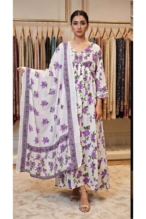 Women Floral Printed with embroidered Alia Cut Anarkali Dress with Dupatta, Premium Mal Mal Cotton