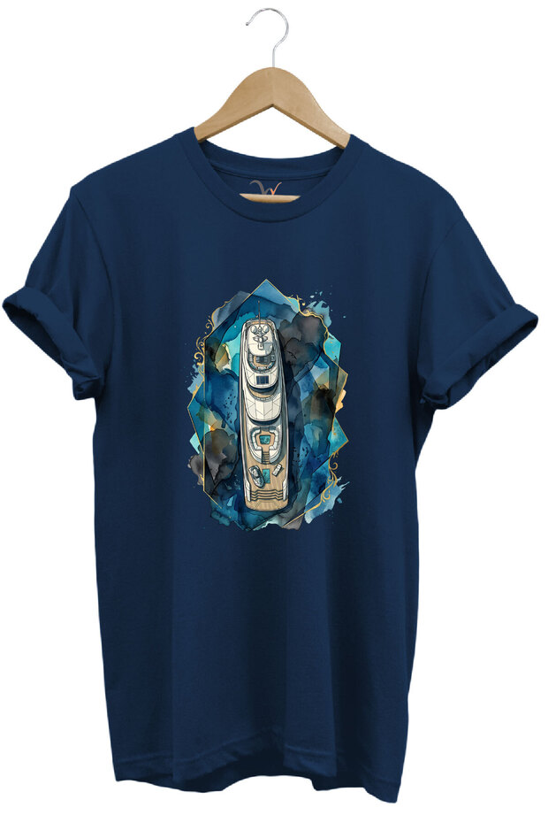 Unisex Yacht and Sea Themed Watercolor Patterned Crew Neck Cotton Basic T-Shirt